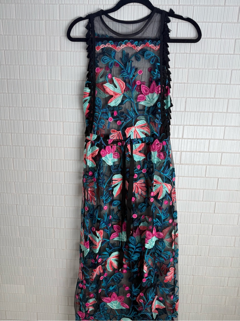Sheer Black Maxi Dress with Pink & Teal Floral Embroidery